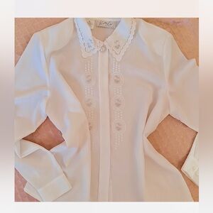 Vintage Coquette Ditsy Floral Embellished White Blouse M